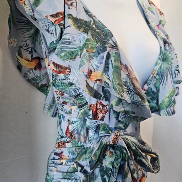 Safari Print Deep-V Ruffle Trim 1pc Swimsuit Side Ruching W/Belt SZ SM - Picture 2 of 6